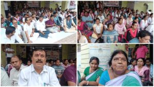 जमशेदपुर सदर अस्पताल परिसर में लंबित वेतन भुगतान की मांग को लेकर धरना देते एनएचएम स्वास्थ्य कर्मचारी।